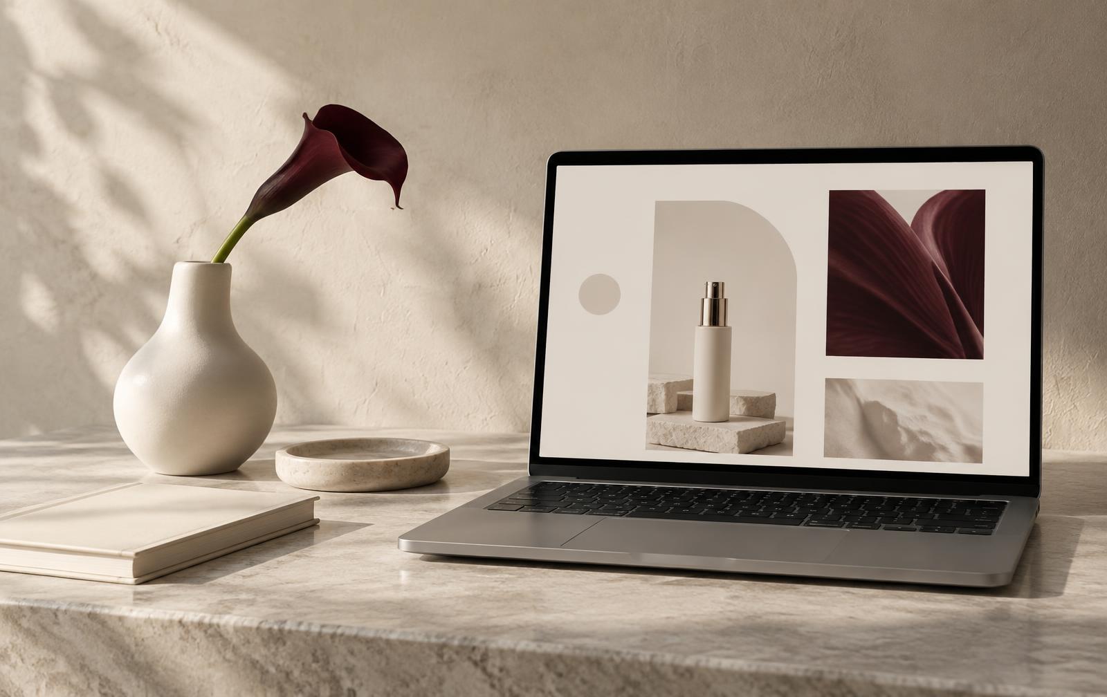 Editorial inszenierter Laptop mit einem eleganten Website-Entwurf im Ekyil Studio